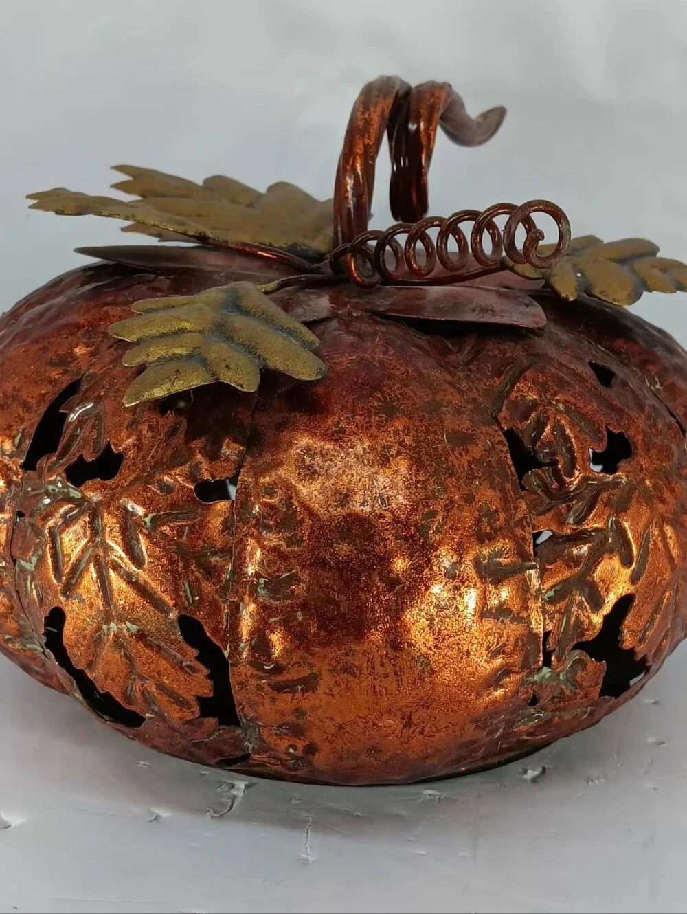 Decorative Metal Pumpkin In Burnt Copper with Gold Leaves